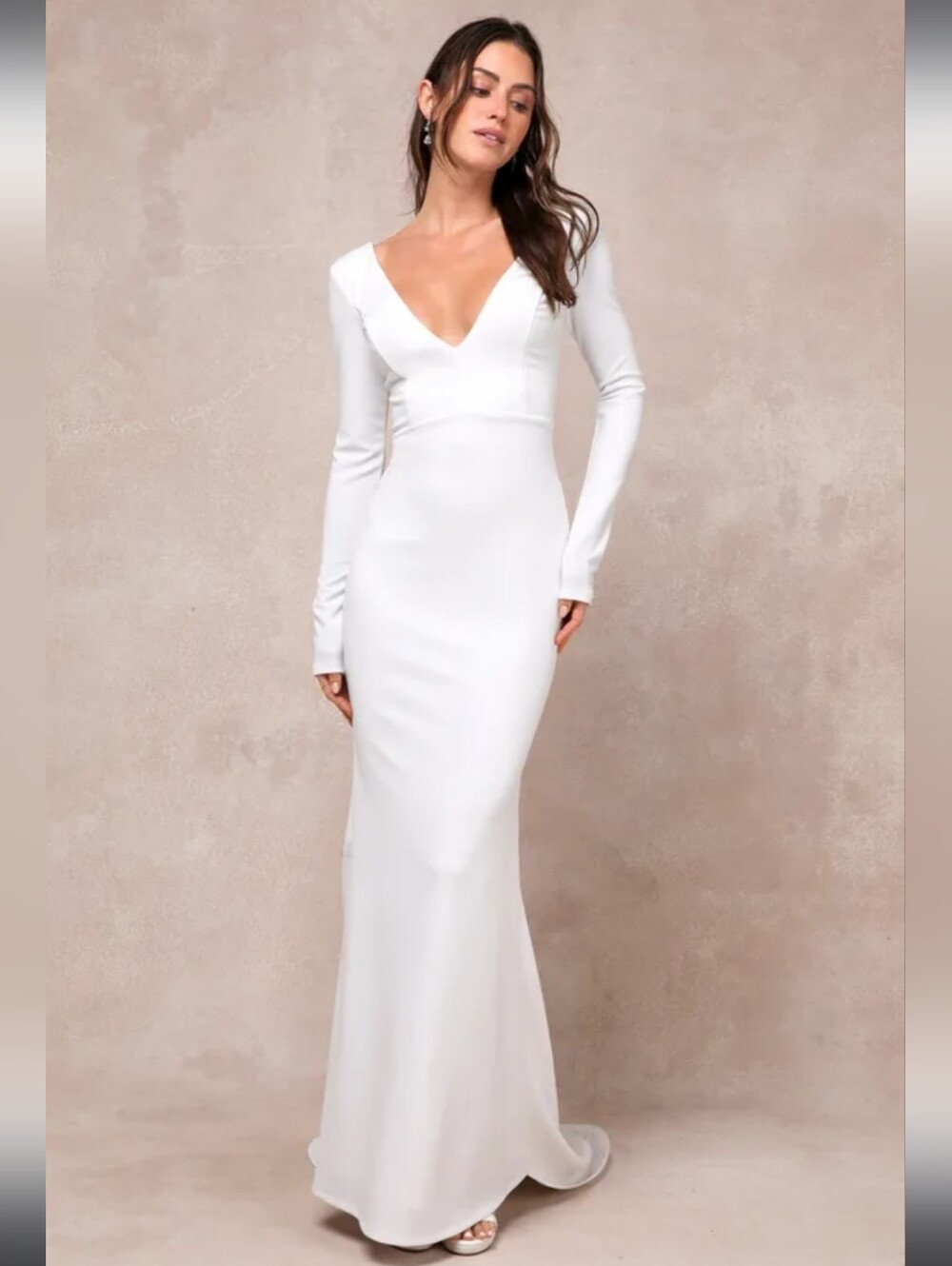 Lulu's Extravagant Love White Backless Long Sleeve Ruched Maxi Dress